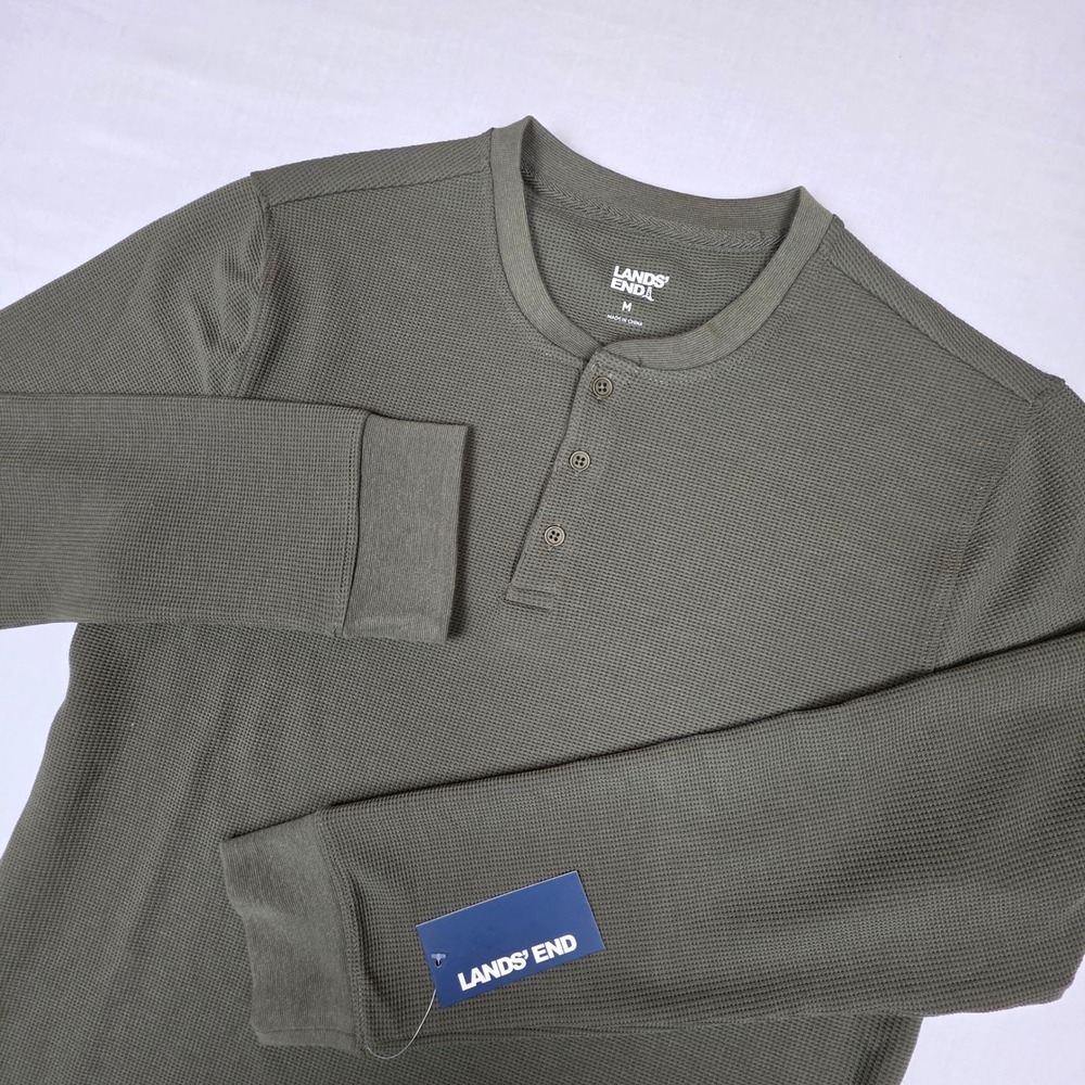 NWT Lands End Henley Shirt Mens M Green New Waffle Knit Long Sleeve